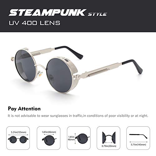 CGID E72 Steampunk estilo retro inspirado círculo metálico redondo gafas de sol polarizadas para hombres (Plateado Gris)