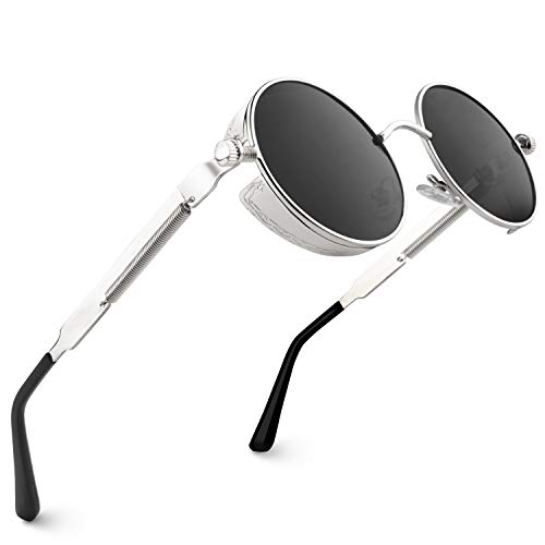 CGID E72 Steampunk estilo retro inspirado círculo metálico redondo gafas de sol polarizadas para hombres (Plateado Gris)
