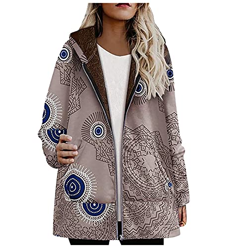 Chaqueta con cremallera estampada con forro Sherpa para mujer, bolsillos más el tamaño más grueso y cálido abrigo con capucha Outwear, Un café, XXL