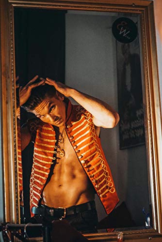 Chaqueta De Desfile De Hombre Estilo Punk Militar Baterista Sin Mangas - Rojo & Oro (XS)