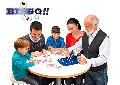 Chicos-Bingo Lotería automática con 48 cartones y 90 bolas imborrables, 23.5 x 31 x 17 cm, incluye fichas de juego, color azul, (Fábrica de Juguetes 20805)