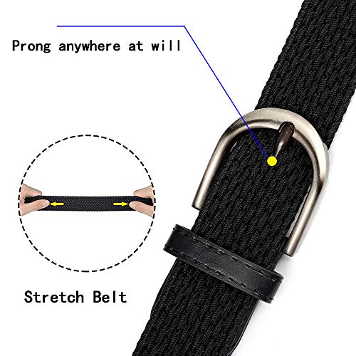 Cinturón elástico trenzado con pasador ovalado, color negro y satinado, con hebilla cepillada, punta de extremo de piel con punta de lazo