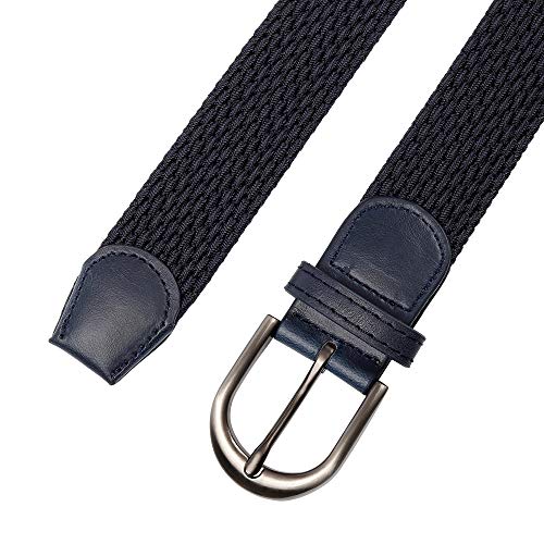 Cinturón elástico trenzado con pasador ovalado, color negro y satinado, con hebilla cepillada, punta de extremo de piel con punta de lazo