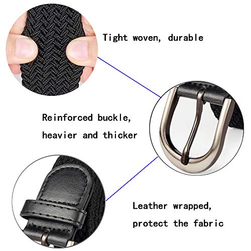 Cinturón elástico trenzado con pasador ovalado, color negro y satinado, con hebilla cepillada, punta de extremo de piel con punta de lazo