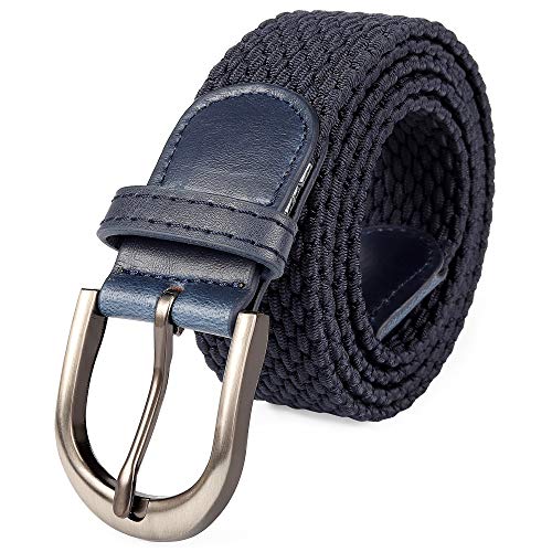 Cinturón elástico trenzado con pasador ovalado, color negro y satinado, con hebilla cepillada, punta de extremo de piel con punta de lazo