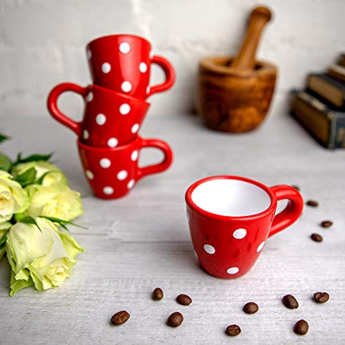 City to Cottage® Cerámica en Rojo y Blanco | Diseño de Lunares | Hecha y Pintada a Mano | Cerámica Esmaltada 2oz/60ml | Set de 4 Tazas de Café Espresso | Regalo