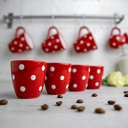 City to Cottage® Cerámica en Rojo y Blanco | Diseño de Lunares | Hecha y Pintada a Mano | Cerámica Esmaltada 2oz/60ml | Set de 4 Tazas de Café Espresso | Regalo