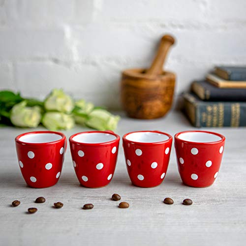 City to Cottage® Cerámica en Rojo y Blanco | Diseño de Lunares | Hecha y Pintada a Mano | Cerámica Esmaltada 2oz/60ml | Set de 4 Tazas de Café Espresso | Regalo