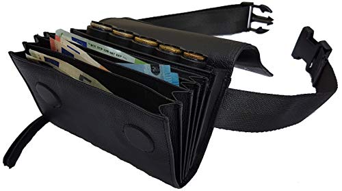 CLAIRE-FONCET Riñonera de Camarero en Piel auténtico, Monedero de Camarero, Cartera, Bolsa, Billetero incluido Dispensador / Distribuidor / Clasificador de 5 Monedas de Euro (Cierre Magnético)