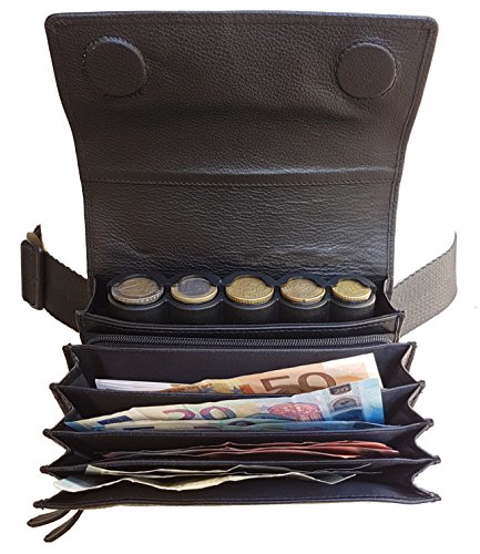 CLAIRE-FONCET Riñonera de Camarero en Piel auténtico, Monedero de Camarero, Cartera, Bolsa, Billetero incluido Dispensador / Distribuidor / Clasificador de 5 Monedas de Euro (Cierre Magnético)