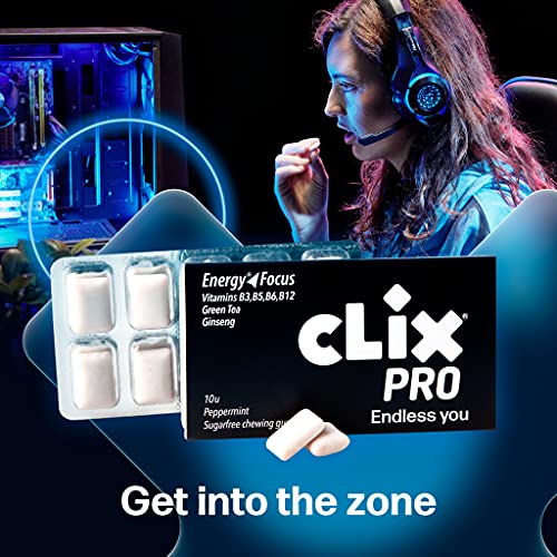 CLIX PRO Energy & Focus gum | Chicle grageado sin azúcar sabor menta PENSADO PARA GAMERS. Te aporta energía y te ayuda a entrar en "LA ZONA" | 8 paquetes de 10 chicles, total 80 unidades