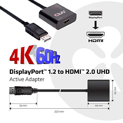 CLUB3D DisplayPort 1.2 a HDMI 2.0 UHD Adaptador Activo - Adaptador para cable (Displayport 1.2, HDMI 2.0, Male connector / Female connector, 0,21 m, Negro)