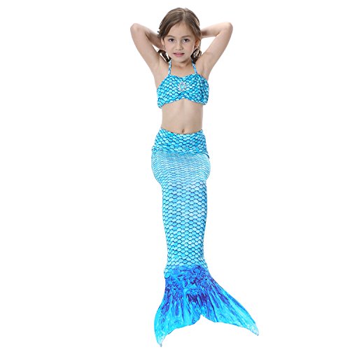 Cola de Sirena para Natación Traje de Baño 4pcs Mermaid Bikini con Monofín Establece para Niña Disfraz de Sirena Princesa Cosplay Conjuntos