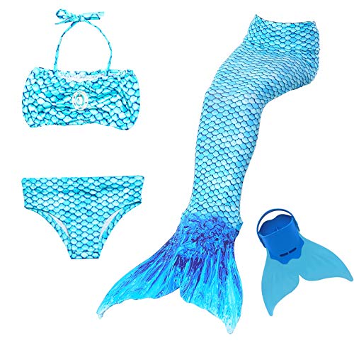 Cola de Sirena para Natación Traje de Baño 4pcs Mermaid Bikini con Monofín Establece para Niña Disfraz de Sirena Princesa Cosplay Conjuntos