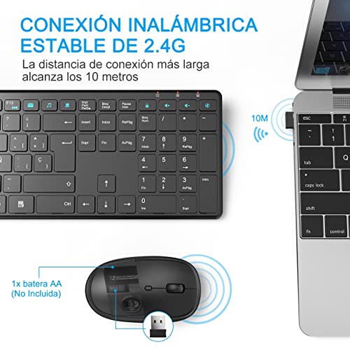Combo de Teclado y Raton Inalambrico Español，2.4GHz Ergonómico Teclado y Ratón Inalámbricos Silenciosos con USB 2 en 1, para Chromebook, PC, Portátil (Negro)