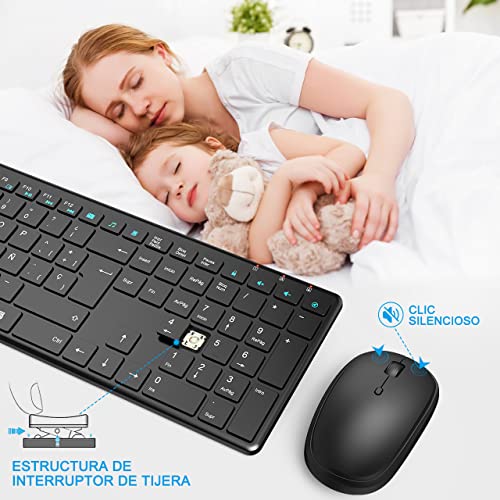 Combo de Teclado y Raton Inalambrico Español，2.4GHz Ergonómico Teclado y Ratón Inalámbricos Silenciosos con USB 2 en 1, para Chromebook, PC, Portátil (Negro)