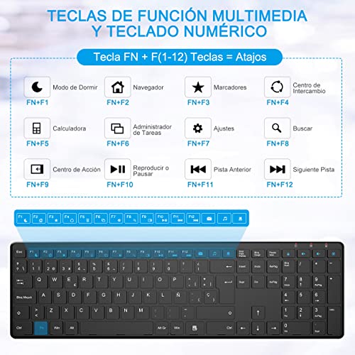 Combo de Teclado y Raton Inalambrico Español，2.4GHz Ergonómico Teclado y Ratón Inalámbricos Silenciosos con USB 2 en 1, para Chromebook, PC, Portátil (Negro)