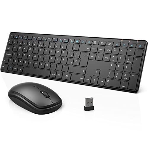 Combo de Teclado y Raton Inalambrico Español，2.4GHz Ergonómico Teclado y Ratón Inalámbricos Silenciosos con USB 2 en 1, para Chromebook, PC, Portátil (Negro)