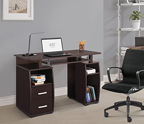 COMIFORT Escritorio Juvenil – Mesa Escritorio Ordenador con 2 Cajones, 5 Estantes y Bandeja Teclado Extraible, Diseñado en España, Fabricado en Madera, Medidas 115x55x76cm - MONTGO wengué