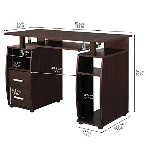 COMIFORT Escritorio Juvenil – Mesa Escritorio Ordenador con 2 Cajones, 5 Estantes y Bandeja Teclado Extraible, Diseñado en España, Fabricado en Madera, Medidas 115x55x76cm - MONTGO wengué