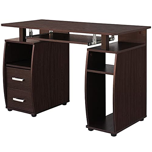 COMIFORT Escritorio Juvenil – Mesa Escritorio Ordenador con 2 Cajones, 5 Estantes y Bandeja Teclado Extraible, Diseñado en España, Fabricado en Madera, Medidas 115x55x76cm - MONTGO wengué