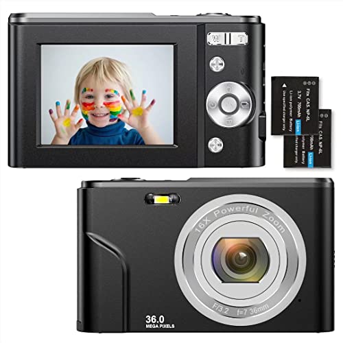 Compactas Cámaras Digitales 2,4 Pulgadas 1080P 36 Megapíxeles HD Camara Fotos Recargable Cámara para de Bolsillo Cámaras Digitales con Zoom 16X Camara Compacta,para Principiantes,Niño,Adulto (Negro)