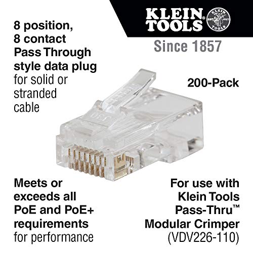 Conector de datos de paso, enchufe modular para RJ45 CAT6, conectores de paso a través de 200 unidades, Klein Tools VDV826-763