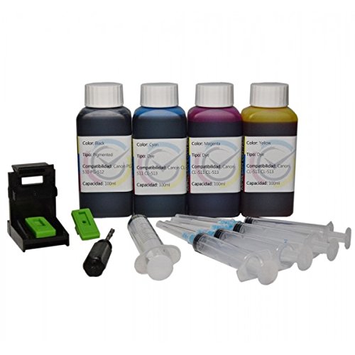 Conjunto para Recarga Cartuchos Canon PG-510XL / CL-511XL Negro y Color + Clip para Impresora MP 240 / MP 260 / MX 320 / MX 330 / MP 270 / MP 490 / MP 250 / MX 340 / MX 350 / MP 480 / MP 280 / MP 495