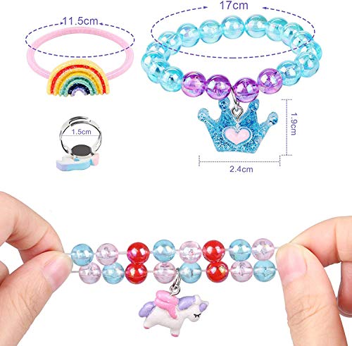 Conjuntos de Joyas para Niñas,3 PCS Pulseras de Unicornio Colores+3 PCS Anillos Pulseras con Dijes de Arcoíris Pulseras de Cuentas Joyas para Niños Bolsas de Fiesta Relleno de Medias Amistad