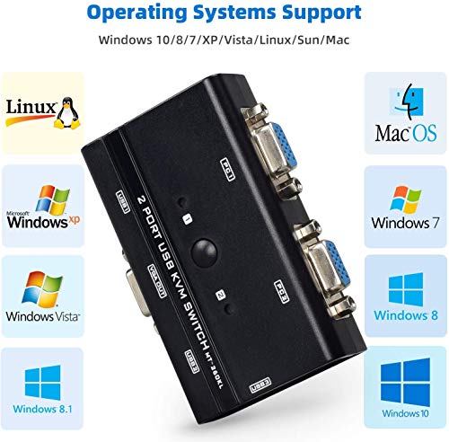 Conmutador KVM de 2 Puertos, VGA USB Switch con 2 Cables KVM, para 2 Dos Ordenador o Portátil, Raton y Teclado, Monitor, Impresora, Escáner