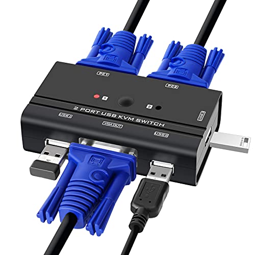 Conmutador KVM de 2 Puertos, VGA USB Switch con 2 Cables KVM, para 2 Dos Ordenador o Portátil, Raton y Teclado, Monitor, Impresora, Escáner
