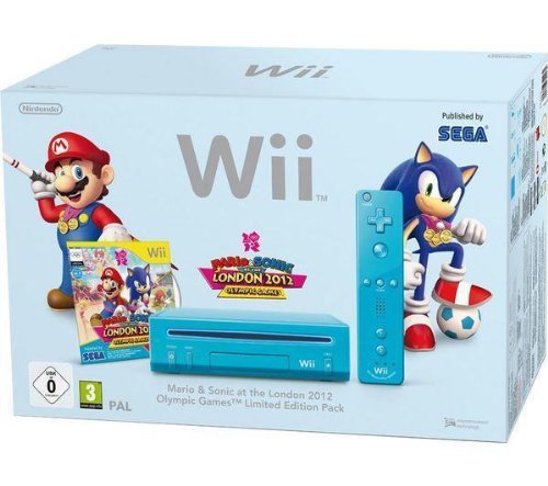 Consola de juegos Wii Azul + Juego Mario & Sonic en los Juegos Olímpicos de Londres 2012 + 1 mando a distancia Wii Plus azul + 1 Nunchuk azul + Wii Motion Plus – Blanco + Nunchuk controlador