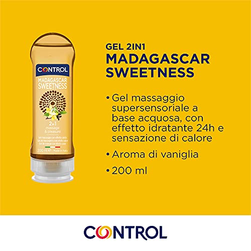 Control Madagascar Sweetness 2 en 1 - Gel de masaje corporal con aroma a vanilla y efecto calor - 200 ml - Base acuosa - Compatible con preservativo - Hidratante - Hipoalergénico - Sin azúcar