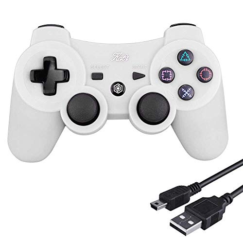 Controlador Bluetooth inalámbrico 6-AXIS Game Pad Doble Shock Joystick para PS3 Controller PlayStation 3 Controller con cable de carga gratuito Kabi (blanco)