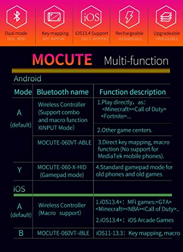 Controlador de Juegos para Móvil Pubg, Mocute-060 Bluetooth Gamepad Nalámbrico Compatible Android/iPhone/PC, Retráctil Mando Movil, Joystick Gamepad de Smartphone Libre