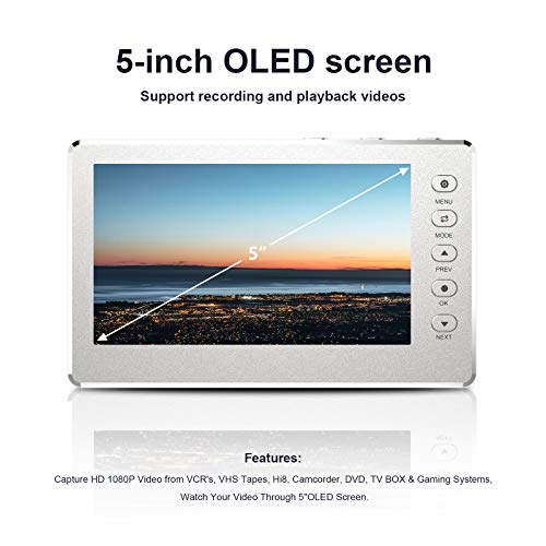 Convertidor de captura de vídeo, HD 1080P 60FPS Conversor de video USB 2.0 con pantalla OLED de 5 ", Grabadora de video AV y HDMI Captura de VCR, DVD, cintas VHS, Hi8, videocámaras, sistemas de juegos