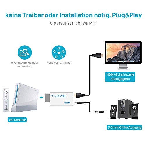Convertidor de Wii a HDMI, Adaptador de Conversor de Video Wii HDMI Full HD de 720p o 1080p / Salida de Audio de 3,5mm