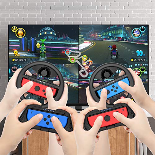 COODIO Volante y Grip Switch Joy-Con, Switch Joy-Con Racing Wheel Volante, Mandos Grip Joy-Con para Mario Kart Juegos / Joy-Con Mandos Nintendo Switch, Negro (Pack de 4 Deluxe)