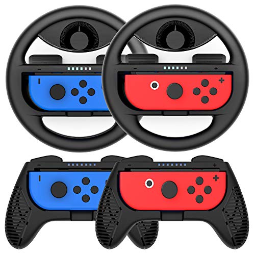 COODIO Volante y Grip Switch Joy-Con, Switch Joy-Con Racing Wheel Volante, Mandos Grip Joy-Con para Mario Kart Juegos / Joy-Con Mandos Nintendo Switch, Negro (Pack de 4 Deluxe)