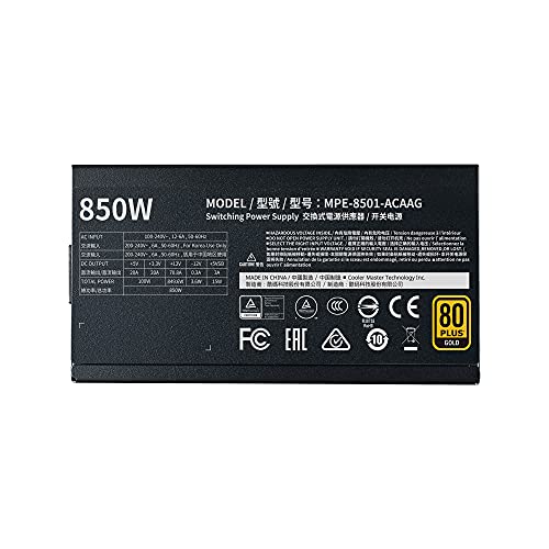 Cooler Master MWE 850 Gold V2 - Fuente de Alimentación 850W Totalmente Modular (Enchufe EU), 80 PLUS Gold, Cableado Negro Plano, Ventilador HDB 120 mm, Umbral de Alta Temperatura - 5 Años de Garantía