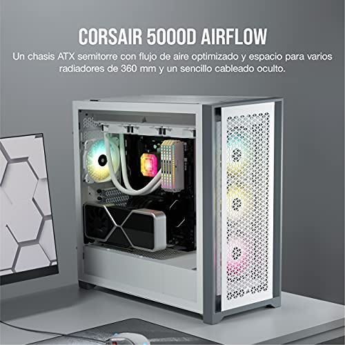 Corsair 5000D Airflow Chasis de PC ATX Semitorre con Cristal Templado (Panel Frontal con un Caudal de Aire Elevado, Sistema de Gestión del Cableado RapidRoute, Dos Ventiladores de 120 mm) Color Blanco