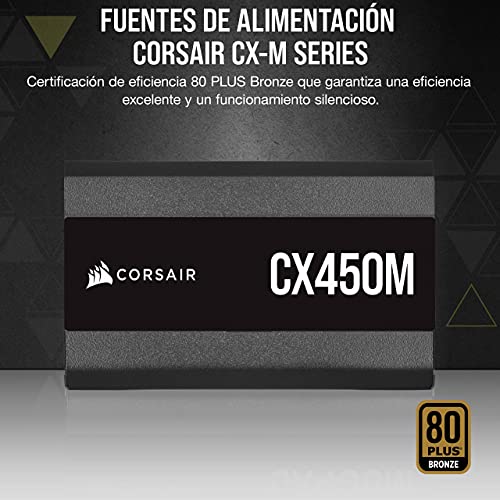 Corsair CX450M (2021), CX-M Series, 450 Watt 80 PLUS Bronze Fuente de Alimentación ATX Semimodular y Silenciosa (Funcionamiento Silencioso, Condensadores de 105 °C, Tamaño Compacto) Negro