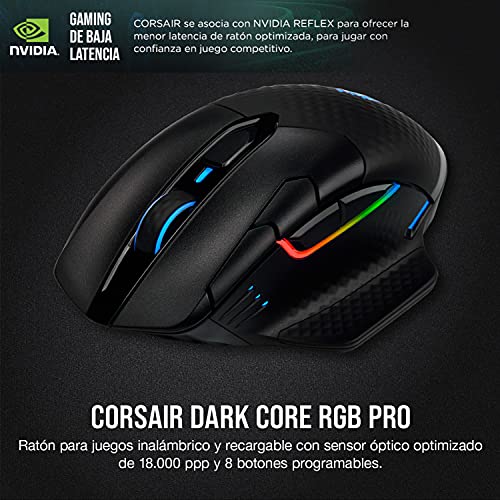 Corsair Dark Core RGB PRO, Ratón para Juegos Inalámbrico/Cable, Sensor Óptico de 18.000 PPP, Tiempo de Respuesta Rápido, Ocho Botones Programables, Retroiluminación Dinámica Multicolor, Negro
