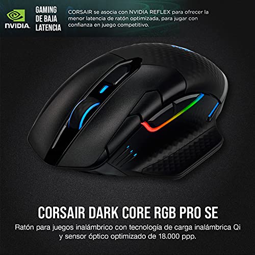 Corsair Dark Core RGB PRO SE, Ratón para Juegos Inalámbrico/Cable con Carga Inalámbrica Qi, Sensor Óptico de 18.000 PPP, Ocho Botones Programables, Retroiluminación Dinámica Multicolor, Negro