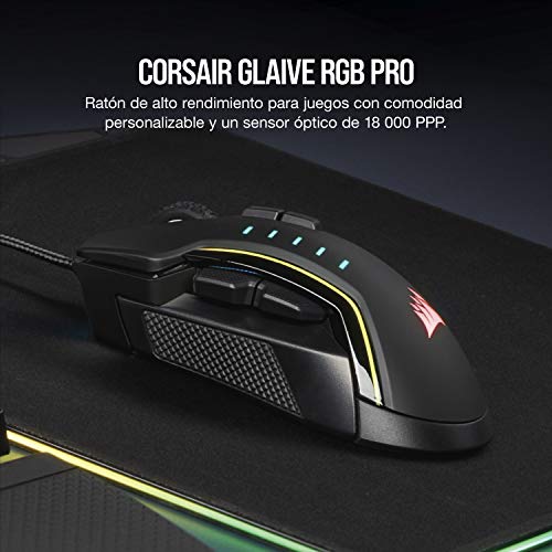 Corsair Glaive RGB Pro - Ratón cómodo para Juegos FPS/MOBA (agarres Intercambiables, retroiluminación LED RGB, 18.000 PPP, óptico) Negro