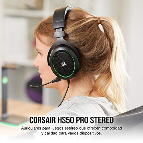 Corsair HS50 Pro Stereo Auriculares para Juegos (Ajustables Espuma viscoelástica Almohadillas, Ancelación del Ruido extraíble micrófono, Compatible con PC, PS4, Xbox One, Switch y móviles), Verde