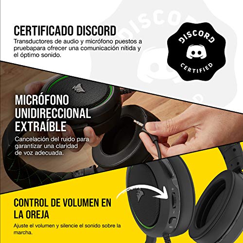 Corsair HS50 Pro Stereo Auriculares para Juegos (Ajustables Espuma viscoelástica Almohadillas, Ancelación del Ruido extraíble micrófono, Compatible con PC, PS4, Xbox One, Switch y móviles), Verde