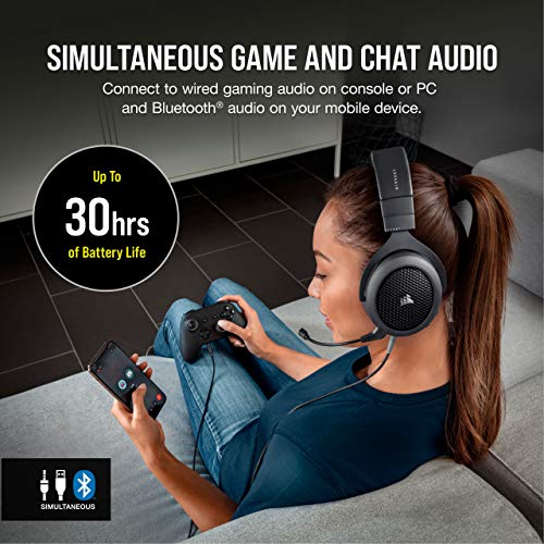 Corsair HS70 Bluetooth - Auriculares con cable para juegos con Bluetooth - Funciona con PC, Mac, Xbox Series X, Xbox Series S, Xbox One, PS5, PS4, Nintendo Switch, iOS y Android - Carbono/Negro