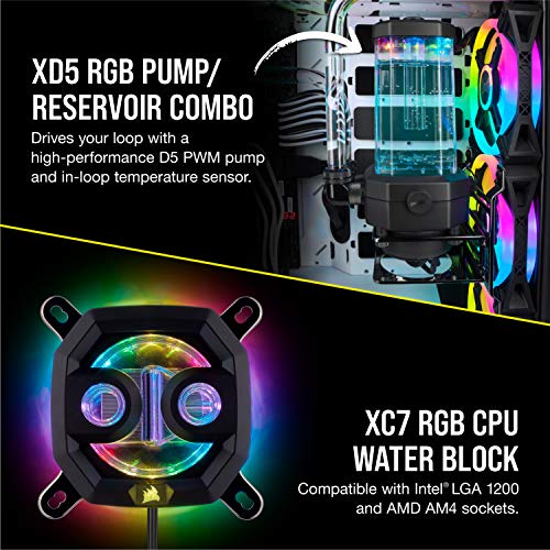 Corsair Hydro X Series iCUE XH305i RGB Kit de Refrigeración Personalizada XC7 RGB (115X/AM4), XD5 Pack de Bomba/Depósito, XL5 Refrigerante, XR5 Radiador, 3 x QL120 RGB Ventilado, Negro