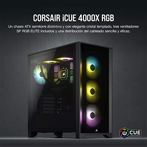Corsair iCUE 4000X RGB Chasis ATX Semitorre con Cristal Templado, Paneles Frontal y Lateral de Cristal Templado, Espacioso Interior, Tres Ventiladores RGB de 120 mm Incluidos, Color Negro